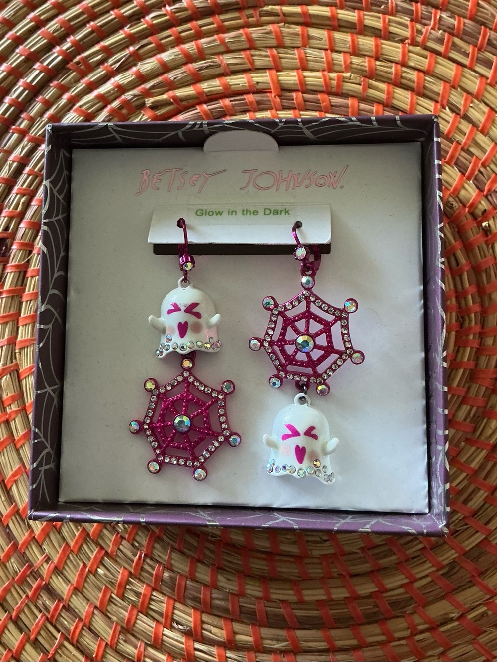 Betsey Johnson Pink and White Ghost & Spiderweb Drop Earrings